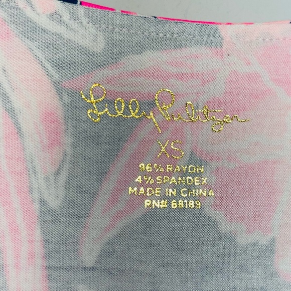 LILLY PULITZER STIRLING DRESS STYLE 001144 INKY NAVY FLAMINGLE XS RUFFLE A-LINE - Picture 7 of 14